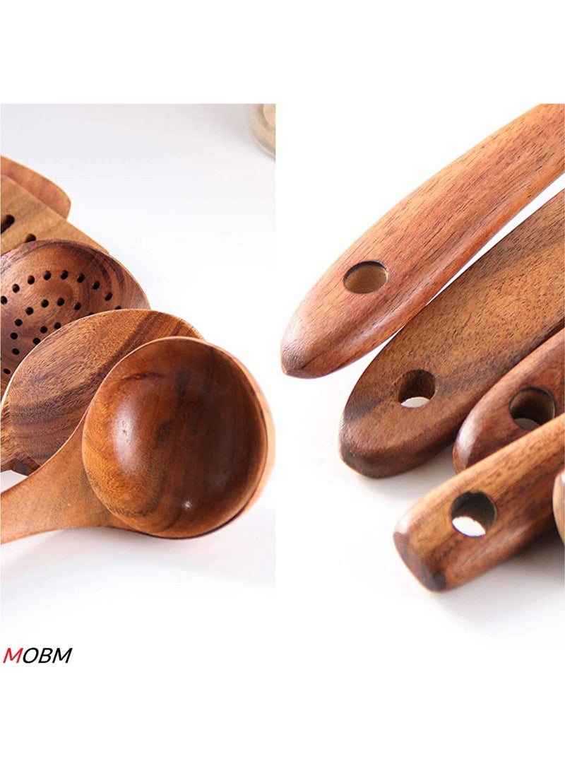 MOBM Wooden Kitchen Cooking Utensils 6 PCS Teak Wooden Spoons and Spatula for Cooking Sleek and Non-stick Cookware - Image 4